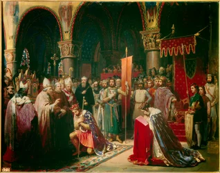 Król Ludwik VII (1120-1180) przejmuje oriflame w bazylice Saint Denis (Saint Denis) w obecności królowej Alienor Akwitanii i odbiera trzmiel i pannetiere pelerin z rąk papieża Eugeniusza III (? -1153) przed jego odejściem