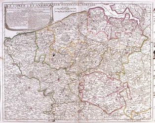 Mapa hrabstwa Flandrii, obecnych belgijskich prowincji Flandria Zachodnia i Wschodnia