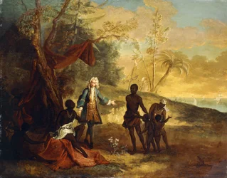 Z czterech części świata - Afryka: Europejski kupiec handluje wymiennie z czarnym wodzem, 1724