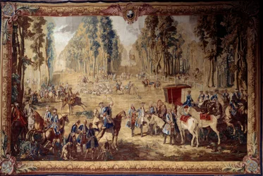 Wisząca przedstawiająca polowania Ludwika XVI: spotkanie na skrzyżowaniu studni królewskiej w lesie Compiegne. Gobelin – Jean Baptiste Oudry (1686-1755) 1737 Nd. 4,3x6,55 m Compiegne, musee national du chateau