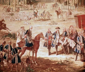 Polowanie Ludwika XV Polowanie króla Ludwika XV w lesie Compiegne (Polowanie Ludwika XV - Gobelin) początek paczki Szczegół - Gobelin Jean Baptiste Oudry (1686-1755)