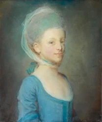 Portret młodej kobiety w chustce z gazy w paski