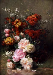 Letnie kwiaty (w tym róże i pelargonie). Obraz autorstwa Jean Baptiste Robie (1821-1910) Kolekcja prywatna.