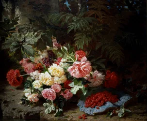 Martwa natura z róż i malin. Obraz autorstwa Jean Baptiste Robie (1821-1910) Kolekcja prywatna.