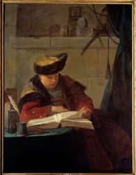 Jego lekturą zajmuje się chemik w swoim laboratorium lub filozof. Portret malarza Jacques Andre Joseph Ave, znanego jako Camelot lub Avet le Batave (1702-1766). Obraz Jeana Baptiste Simeona Chardina (1699-1779) 1734 Nd. 1,38x1,05 m²