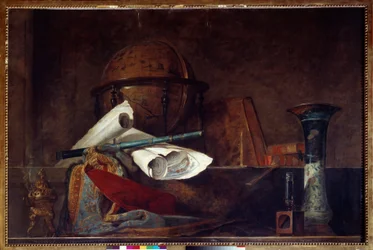 Alegoria nauki Martwa natura, kula ziemska, mapy geograficzne, książki i waza. Obraz Jeana Baptiste Simeona Chardina (1699-1779) XVIII-wieczny Paryż, Musee Jacquemart Andre
