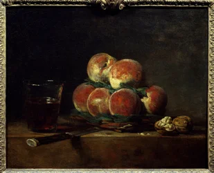 Kosz peczów z orzechami, nożem i kieliszkiem wina Obraz Jean Baptiste Simeon Chardin (1699-1779) 1768 Wym. 0,32x0,39 m Paryż, Musee du Louvre