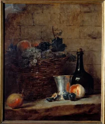 Kosz białych i czarnych winogron, srebrny puchar i butelka Obraz Jean Baptiste Simeon Chardin (1699-1779) XVIII w. Słońce. 0,69x0,58m²