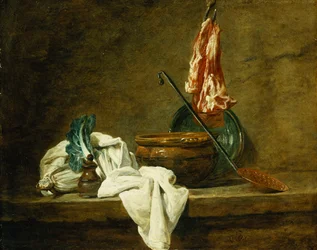 Buraki, pudełko na przyprawy, ścierka do naczyń, garnek, glazurowany talerz ceramiczny, skimmer, z mięsem na haku, na półce, 1734