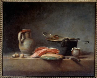 Miedziany garnek, skimmer, dzbanek i plaster łososia. Martwa natura. Jean Baptiste Simeon Chardin (1699 - 1779)