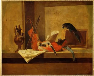 J.B.S.Chardin, Musikinstrumente u. Papaga.