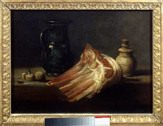Stół i naczynia kuchenne z kwadratem owczym. Obraz Jeana Baptiste Simeona Chardin