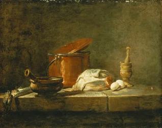 Por, zapiekanka, miedziany garnek z pokrywką, kawałek ryby, cebula i dwa jajka, z tłuczkiem i moździerzem, na półce, 1734