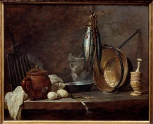 Menu chudego i przyborów kuchennych. Martwa natura. Obraz Jeana Baptiste Simeona Chardina (1699-1779)