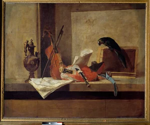 Instrumenty muzyczne i papuga Obraz Jeana Baptiste Simeona Chardina (1699-1779) XVIII w. Kolekcja prywatna.