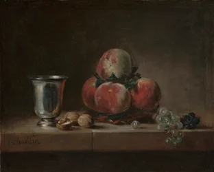 Martwa natura z brzoskwiniami, srebrnym kielichem, winogronami i orzechami włoskimi, ok. 1759-60 (olej na płótnie)