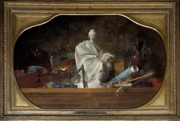 Atrybuty Alegorii Sztuki z narzędziami rzeźbiarskimi, statuetka. Obraz Jeana Baptiste Simeona Chardina (1699-1779) 1765 Nd. 0,91x1,45 m²