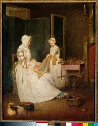 Pracująca matka Matka, której córka pomagała w haftowaniu i używaniu chedderu. Obraz Jeana Baptiste Simeona Chardina (1699-1779) XVIII w. Słońce. 0,4x0,39 m²