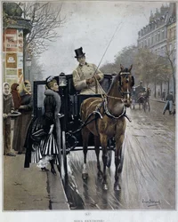 Elegancka kobieta w powozie w Paryżu: „Powracamy” - ilustracja Jean BERAUD (1849 - 1935), koniec XIX wieku.