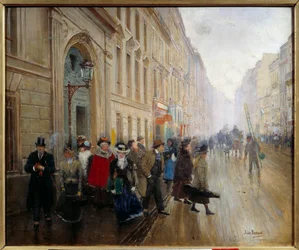 Wyjście z konserwatorium w fishonniere rue du Faubourg. Obraz Jeana Berauda (1849-1935) XIX wiek. Ciemny. 0,46x0,55m. Paryż, Muzeum Carnavalet