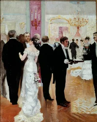 Przyjęcie. Wieczór towarzyski w paryskim społeczeństwie Belle Époque. Obraz Jeana Bérauda (1849-1935), XX wiek. Kolekcja prywatna