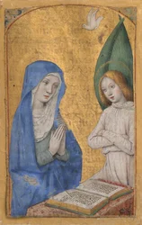 Kartka rękopisu ze Zwiastowaniem z Księgi Godzin, ca. 1485-90.