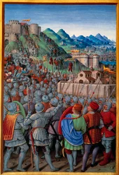 Genois zaatakowali przez Francuzów gwardię Castellacio de Genes (12 marca 1507). Miniatura Jeana Bourdichon (1457? - 1521) w „” Voyage de Genes”” (Folio 20v) napisanej przez Jeana Marota, v.1508. Paryż, Holandia