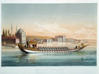Imperium Osmańskie: „” Pałac sułtana i łódź paradna w Konstantynopolu”” Akwarela Jeana Brindesi (1826-1888)