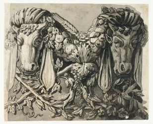 Ornament z dwiema głowami byków (recto); Szkic geometrycznego obramowania (verso)