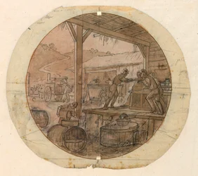 Rysunek, projekt malowanego porcelanowego talerza, załadunek lub rozładunek towarów, 1820-35