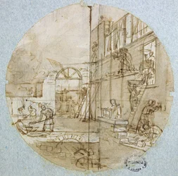 Warsztat murarza, projekt talerza do serwisu przedstawiającego różne zawody, ok. 1820-35 (pióro, tusz, wash i gwasz na papierze)