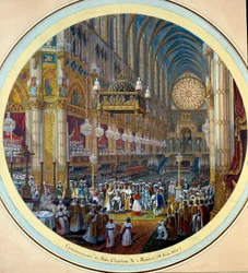 Koronacja Karola X (1757-1836) w katedrze w Reims 28.05.1825 Malowanie akwareli do projektu gueridon autorstwa Jean Charles Develly (1783-1862) 1825 Śr. 0,37m. Sevres. Produkcja porcelany