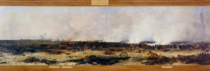 Kampania rosyjska: „Panorama bitwy pod Moskwą 7/09/1812”. Bitwa pod Moskwą, także bitwa pod Borodino, między Francuzami Napoleona I Bonapartego (1769-1821) a rosyjską armią cesarską dowodzoną przez Michaiła Goleniszczewa Kutuzowa (Golenishchev