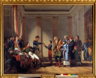Dobroczynność cesarza Napoleona I (1769-1821) w czasie kampanii polskiej w styczniu 1807 r.: Cesarz dający Nerockiemu rentę stu napoleonów, wiek 117 Obraz Jana Karola Tardieu (1765-1830) XIX w. nd. 1,15x1,46 m - Dobroczynny akt Emp