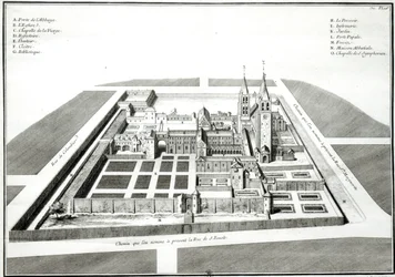 Widok opactwa Saint-Germain-des-Pres przed 1640 r., rytowany przez Antoine