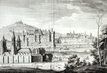 Widok opactwa Saint-Germain-des-Pres, Luwru, Petit Bourbon, Montmartre i Sekwany w 1410 r., rytowany przez Antoine Herisset (1685-1769)