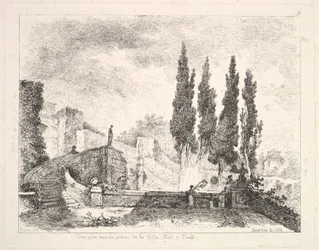 Widok na ogrody Villa dEste w Tivoli, drzewa cypryjskie po prawej, schody prowadzą..., 1764.