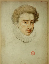 Przyszły król Francji Henryk IV w czasie ślubu z Małgorzatą de Valois... (kredka na papierze)