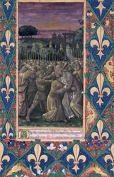 Rękopis Lat. Q.v.I.126, fol. 100: Pocałunek Judasza, z „Godzinek Ludwika Orleańskiego“, 1469