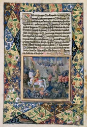 Ms Lat. Q.v.I.126 f.38v Rehoboam prowadzący wojnę przeciwko Jeroboamowi, z "Księgi godzin Ludwika Orleańskiego", 1490 r.