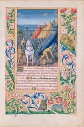 Ms Lat. Q.v.I.126 f.52 Asyryjczycy opuszczający w panice swój obóz, z "Księgi godzin Ludwika Orleańskiego", 1469 r.