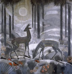 Dwa jelenie w lesie, ok. 1929 (lakierowany panel drewniany)