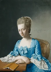 Portret łaski, hrabina Clanbrassil, z domu Foley, połowa długości, w niebieskiej sukience, siedząca przy stole, ze skrzyżowanymi rękami, 1774