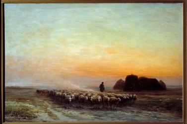 Stado owiec w kurzu. Obraz Jeana Ferdinanda Chaigneau (1830-1906)