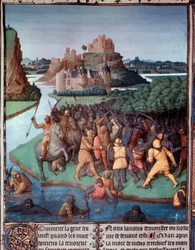 Bitwa między Żydami i Macedończykami Miniatura zaczerpnięta z „Księgi starożytnych Żydów” (Starożytności judaistyczne) Jeana Fouqueta (1420-1481) XV-wieczny Paryż, B.N.
