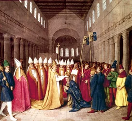 Koronacja cesarza Karola Wielkiego 25 grudnia 800 roku w Rzymie przez papieża Leona III, iluminacja z „Les Grandes Chroniques de France” autorstwa Jeana Fouqueta, około 1455-1460