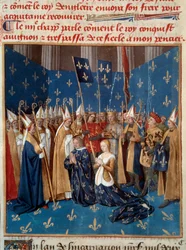 Koronacja Ludwika VIII (1187-1226) i Blanki Kastylijskiej (1188-1252) w Reims w 1224 roku. Miniatura z rękopisu „Grandes Chroniques de France” autorstwa Jeana Fouqueta (1420-1481), XV wiek. Paryż, B.N.