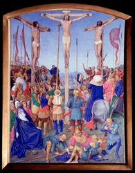 Ukrzyżowanie. Miniatura zaczerpnięta z „Księgi godzin Etienne Chevalier” Jeana Fouqueta (1420-1477/1481)
