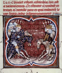 Wojna francusko-angielska (1202-1214): Bitwa pod Bouvines 27.07.1214 pomiędzy francuską armią Philippe Auguste a Flamandami i Welfami z Othona IV. Zwycięstwo francuskie było decydujące dla wyniku wojny. Miniatura z „Wielkich kronik Francji” b