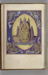 Bóg Ojciec z symbolami czterech Ewangelistów w rogach. Księga godzin, 1450-1499